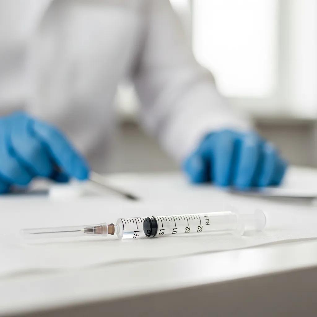 Syringe with peptide medication on a medical table, representing GLP-1 and GIP agonists for weight loss, with clinician in background.