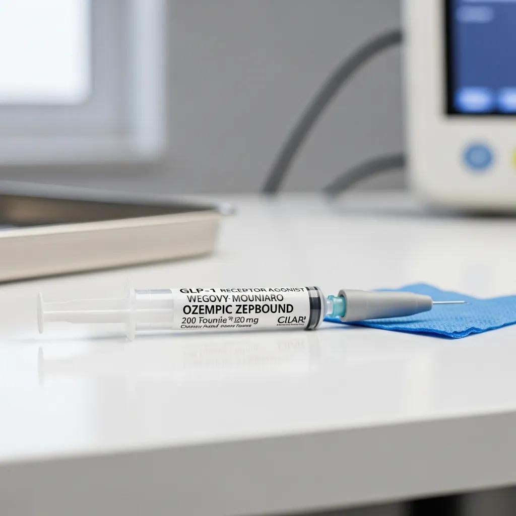 Syringe labeled GLP-1 receptor agonist with Ozempic and Wegovy on a medical table, emphasizing injectable weight loss treatment options.