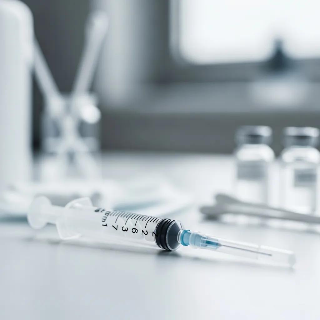 Syringe filled with peptide solution on a clinical table, emphasizing medical weight loss treatments and injectable medications.