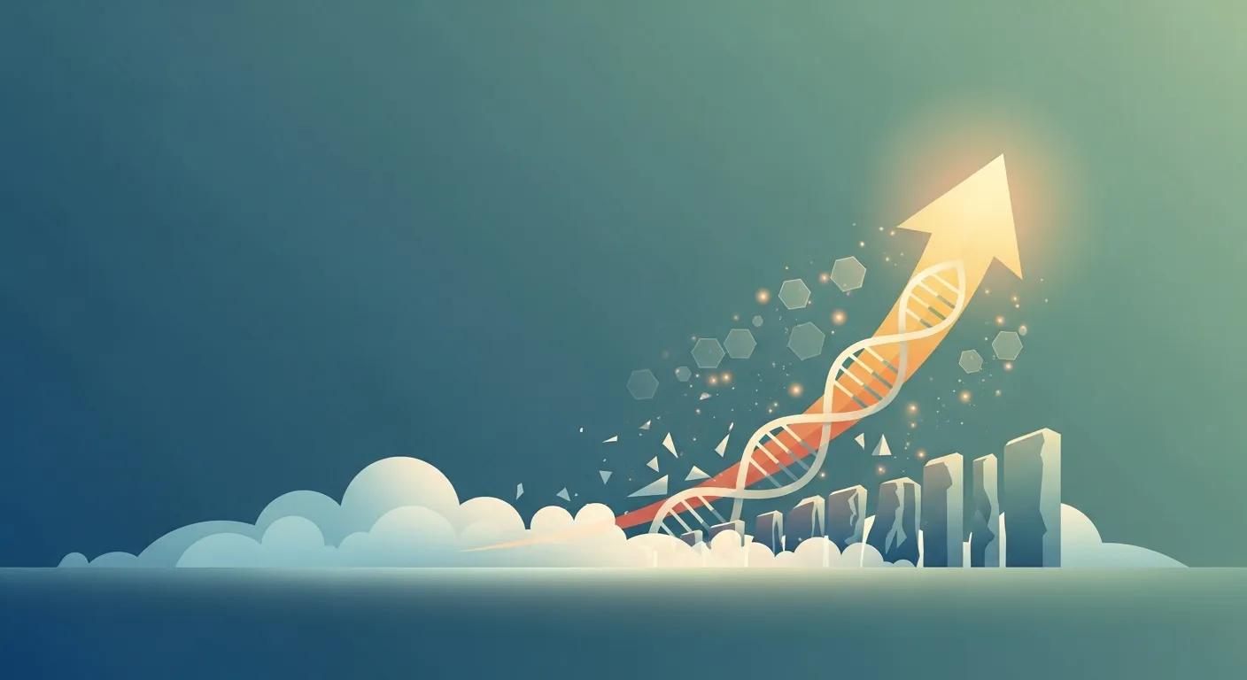 Abstract illustration of a DNA helix and upward arrow symbolizing growth and vitality, relevant to men's health and low testosterone treatment options at UCO Medical Clinic in South Florida.