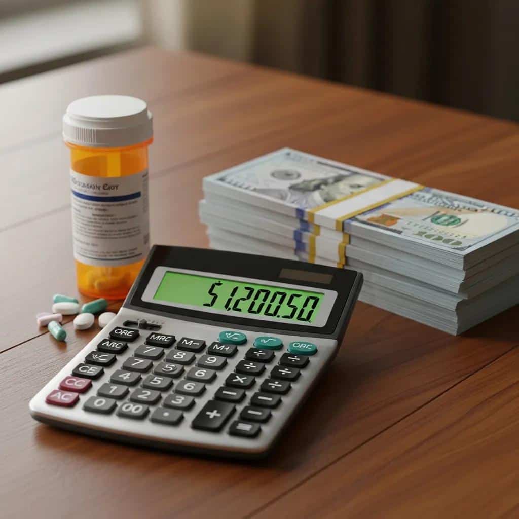 Calculator displaying $5,120.50 next to a prescription bottle and stacks of dollar bills, representing the costs associated with weight loss treatments like Semaglutide and Tirzepatide.