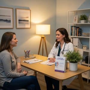 Doctor consulting with a patient in a comfortable medical clinic setting, discussing hormone pellet therapy options.