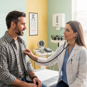 Doctor conducting a physical examination on a male patient in a medical clinic setting, emphasizing healthcare services relevant to DOT physical exams and commercial driver certifications.