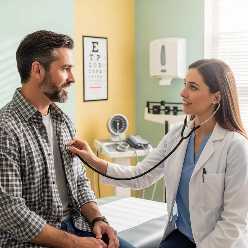 Commercial driver undergoing DOT physical exam with healthcare provider in medical clinic setting.