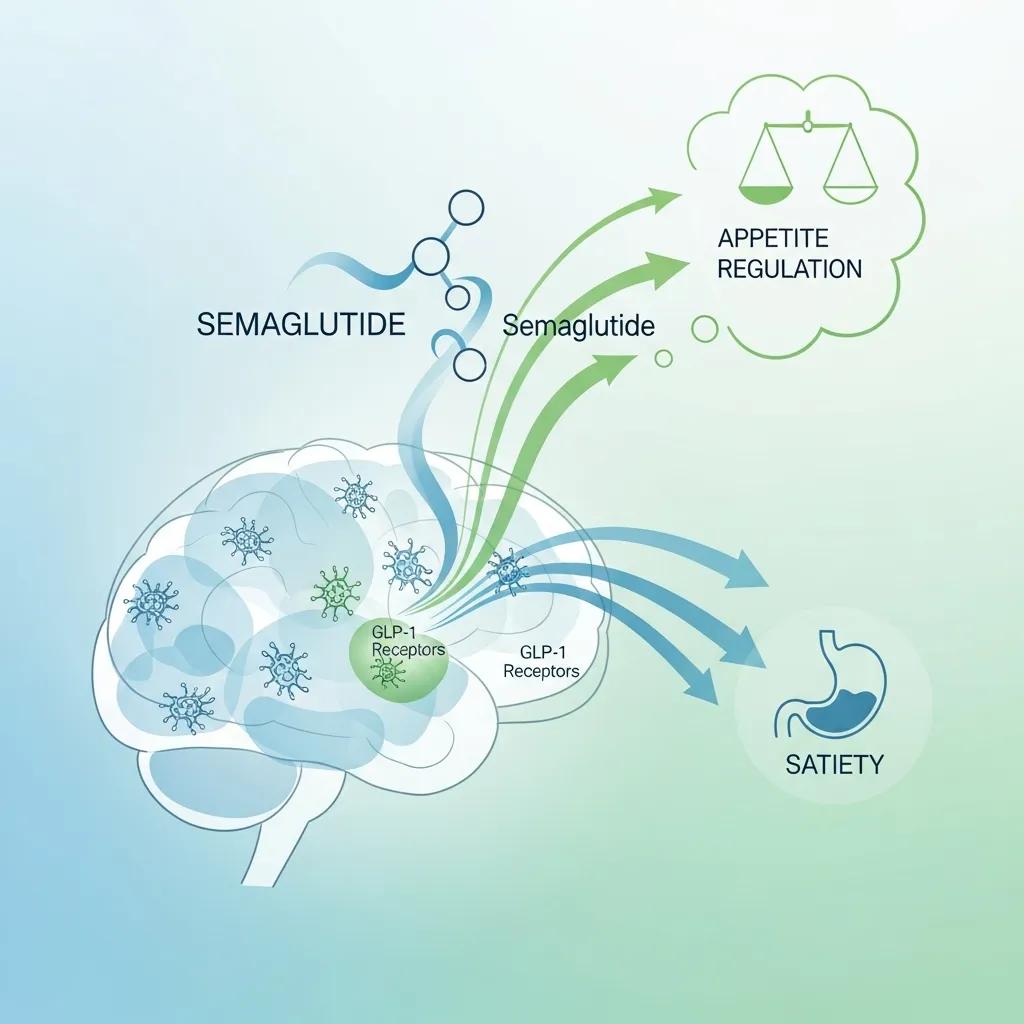Conceptual illustration of Semaglutide's mechanism of action on appetite regulation, highlighting GLP-1 receptors in the brain, appetite control, and satiety enhancement.