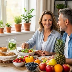 Couple enjoying a healthy meal with fresh fruits and vegetables, representing wellness and balanced nutrition in the context of personalized weight management programs at UCO Medical Clinic.
