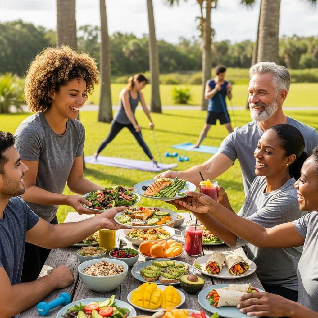 Diverse group enjoying healthy meals outdoors in Florida, sharing plates of fresh salads, fruits, and lean proteins, with individuals engaging in fitness activities in the background, representing alternatives for medically-supervised weight loss.