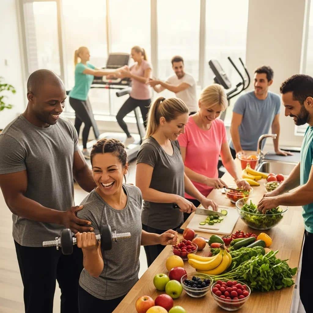 Diverse group of people engaging in healthy activities, including weightlifting and preparing fresh fruits and vegetables, promoting wellness and weight loss in a bright, modern setting.