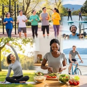 Diverse group of people engaging in healthy weight loss activities, including exercising outdoors, practicing yoga, preparing nutritious meals, and cycling, reflecting a holistic approach to wellness and medical weight loss solutions.