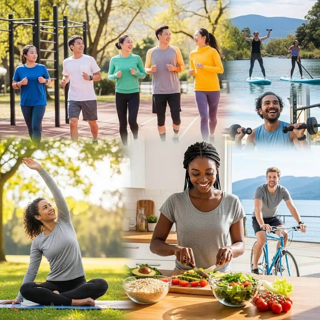 Diverse group of people engaging in healthy weight loss activities, including jogging, yoga, cooking nutritious meals, and exercising, representing holistic approaches to weight management.