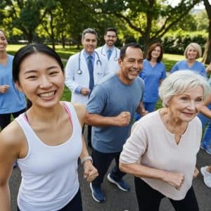 Diverse group of individuals, including healthcare professionals and participants, engaging in a medically supervised weight management program, showcasing healthy activities and community support in a park setting.