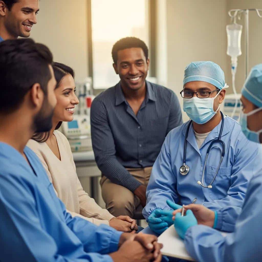 Diverse group of individuals consulting with a civil surgeon in a medical office, discussing the green card medical exam process.