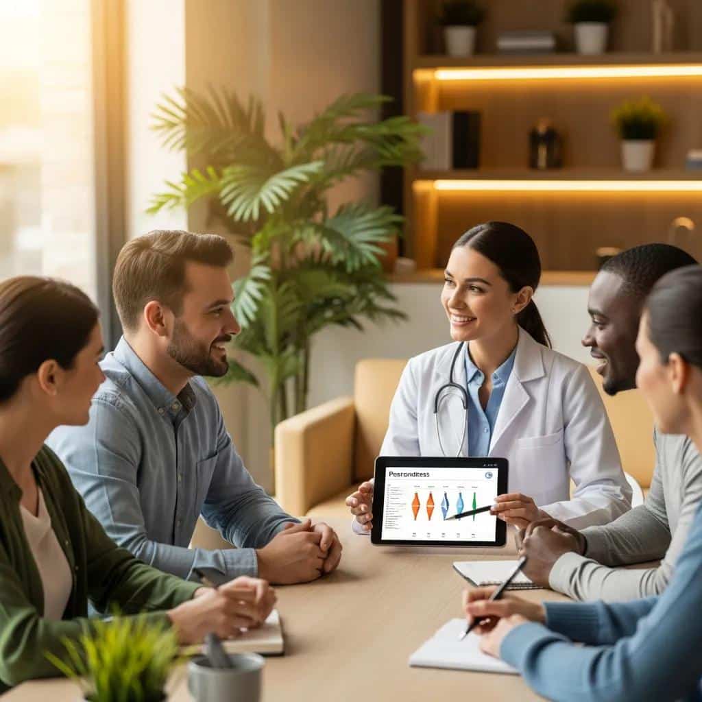 Diverse individuals engaged in a medical weight loss consultation with a healthcare professional, discussing personalized treatment plans and progress using a tablet displaying charts and data.