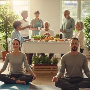 Diverse individuals practicing wellness activities, including meditation and healthy eating, in a natural setting, reflecting the holistic approach of hormone therapy and medical weight loss at UCO Medical Clinic.