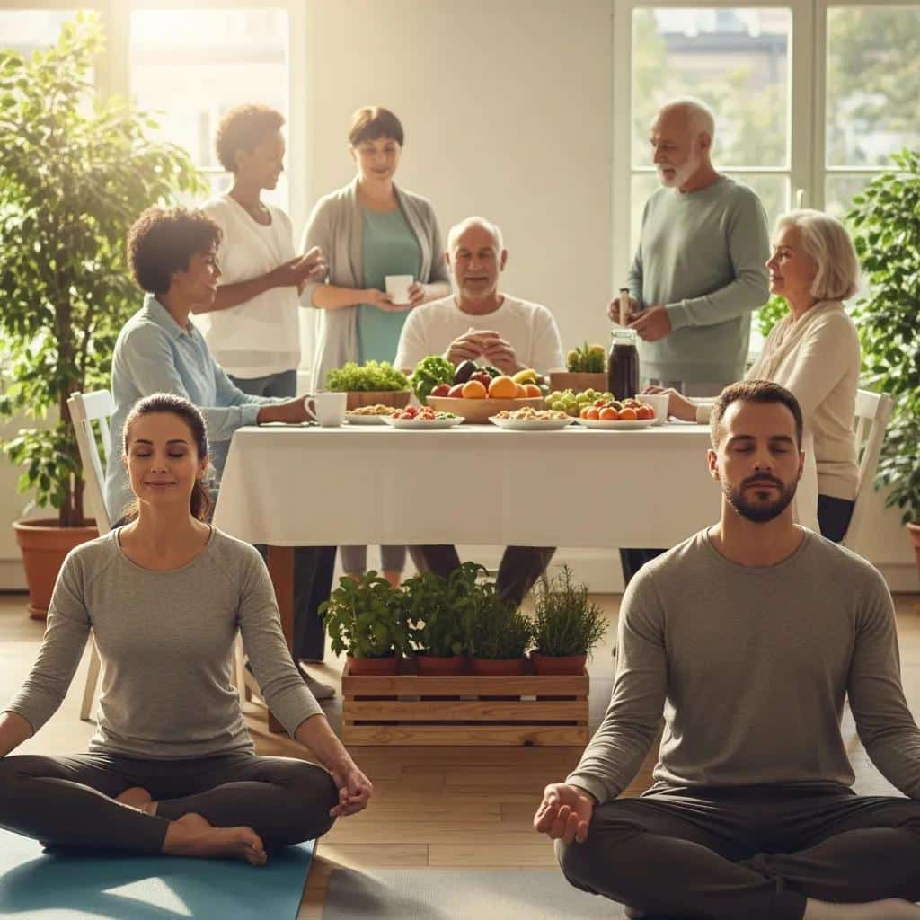 Diverse individuals engaging in wellness activities, including meditation and healthy eating, in a bright, natural setting, emphasizing holistic health and hormone therapy benefits.