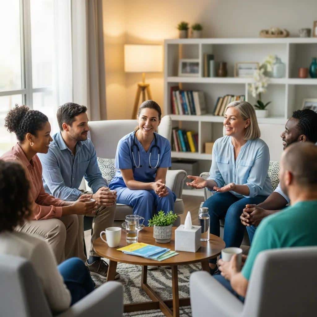 Diverse patients and a healthcare professional engaged in a supportive group session discussing weight loss experiences at UCO Medical Clinic.