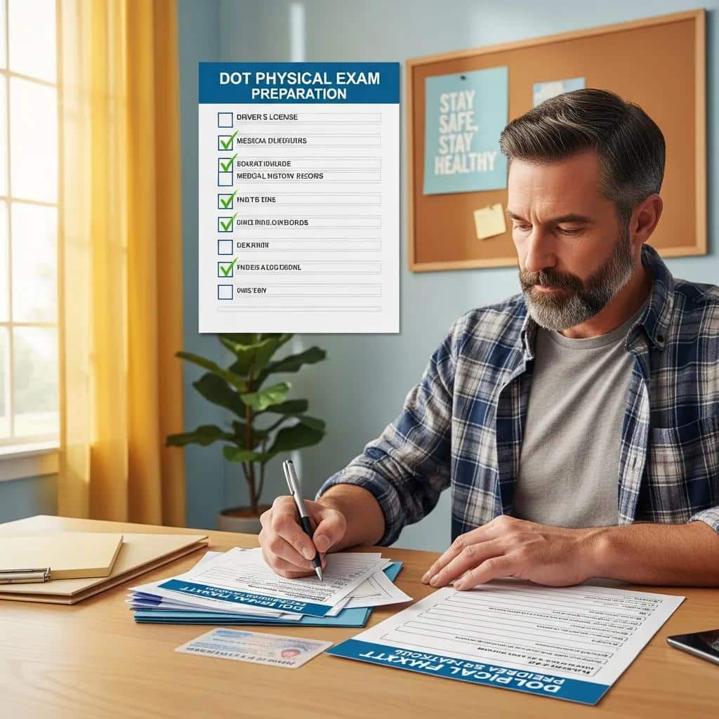 Man preparing essential documents for a DOT physical exam, including a checklist and medical paperwork, in a well-lit office setting.