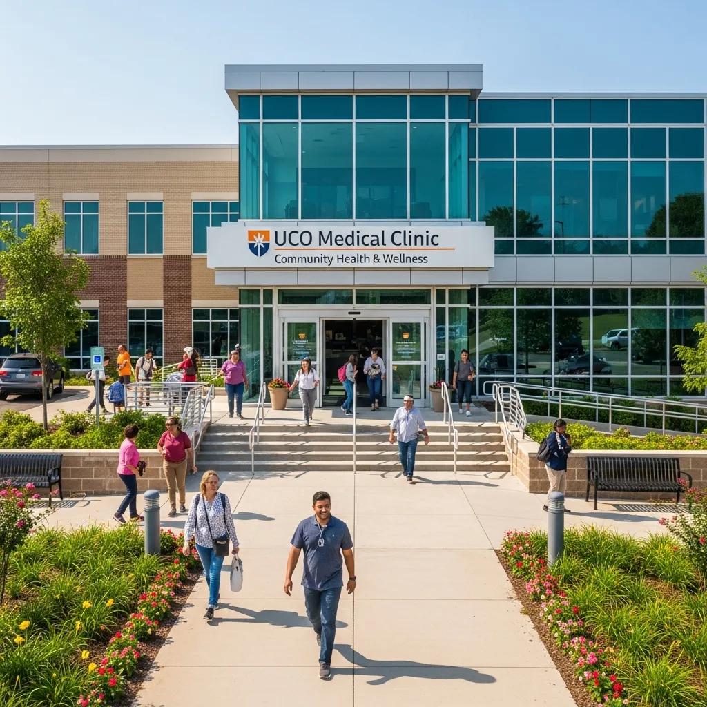 UCO Medical Clinic exterior showcasing its welcoming entrance, community accessibility, and visitors arriving for health services, including DOT physical exams.