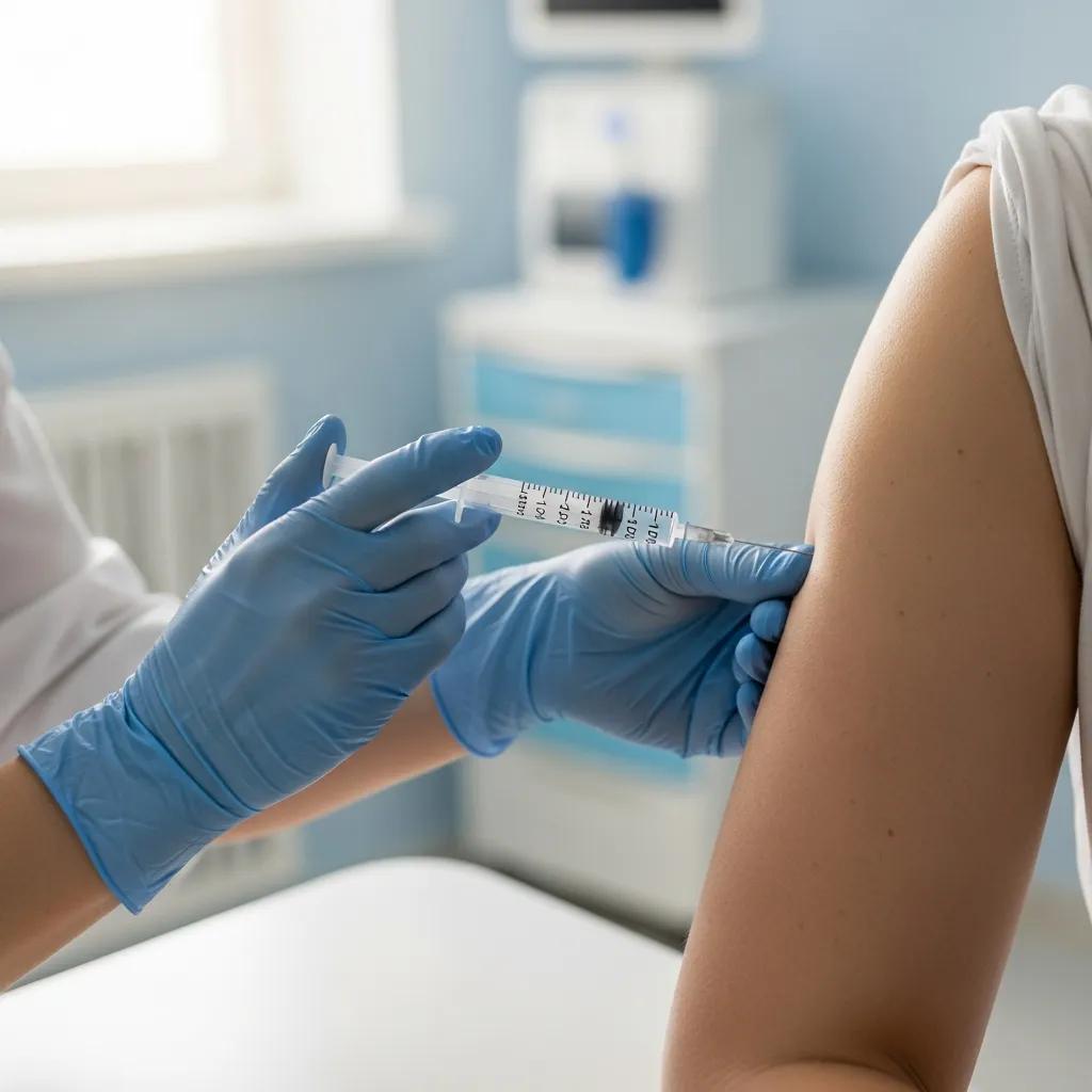 Healthcare professional administering GLP-1 agonist injection in clinical setting for weight loss therapy.