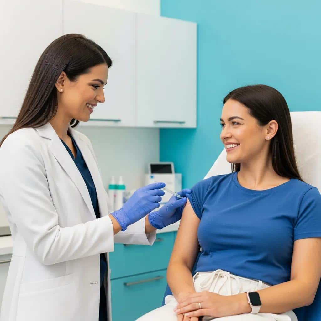 Healthcare professional administering peptide injection to smiling patient in modern clinic, emphasizing medical weight loss solutions.