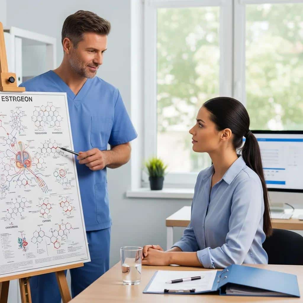 Healthcare professional in blue scrubs discussing estrogen structure with a patient in a consultation setting, emphasizing hormone therapy education and personalized treatment.