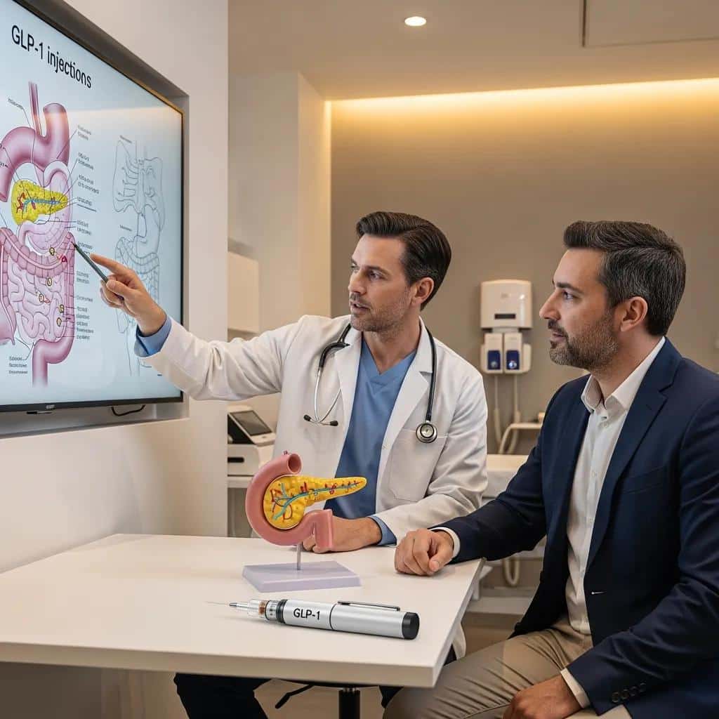 Healthcare professional explaining GLP-1 injection mechanisms to a patient, with anatomical model and injection device on the table, in a clinical setting.
