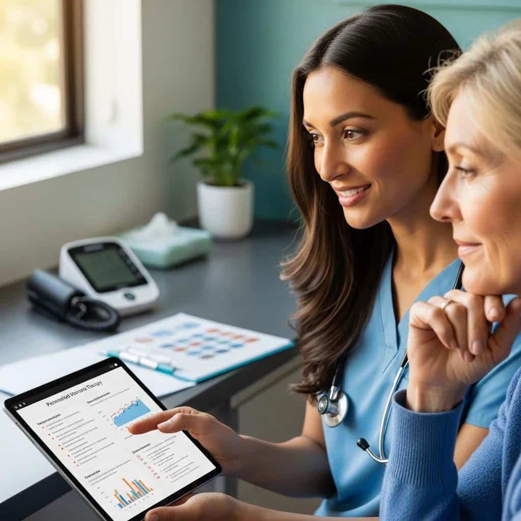 Healthcare professional discussing personalized hormone therapy with a patient, showing treatment data on a tablet in a clinical setting.