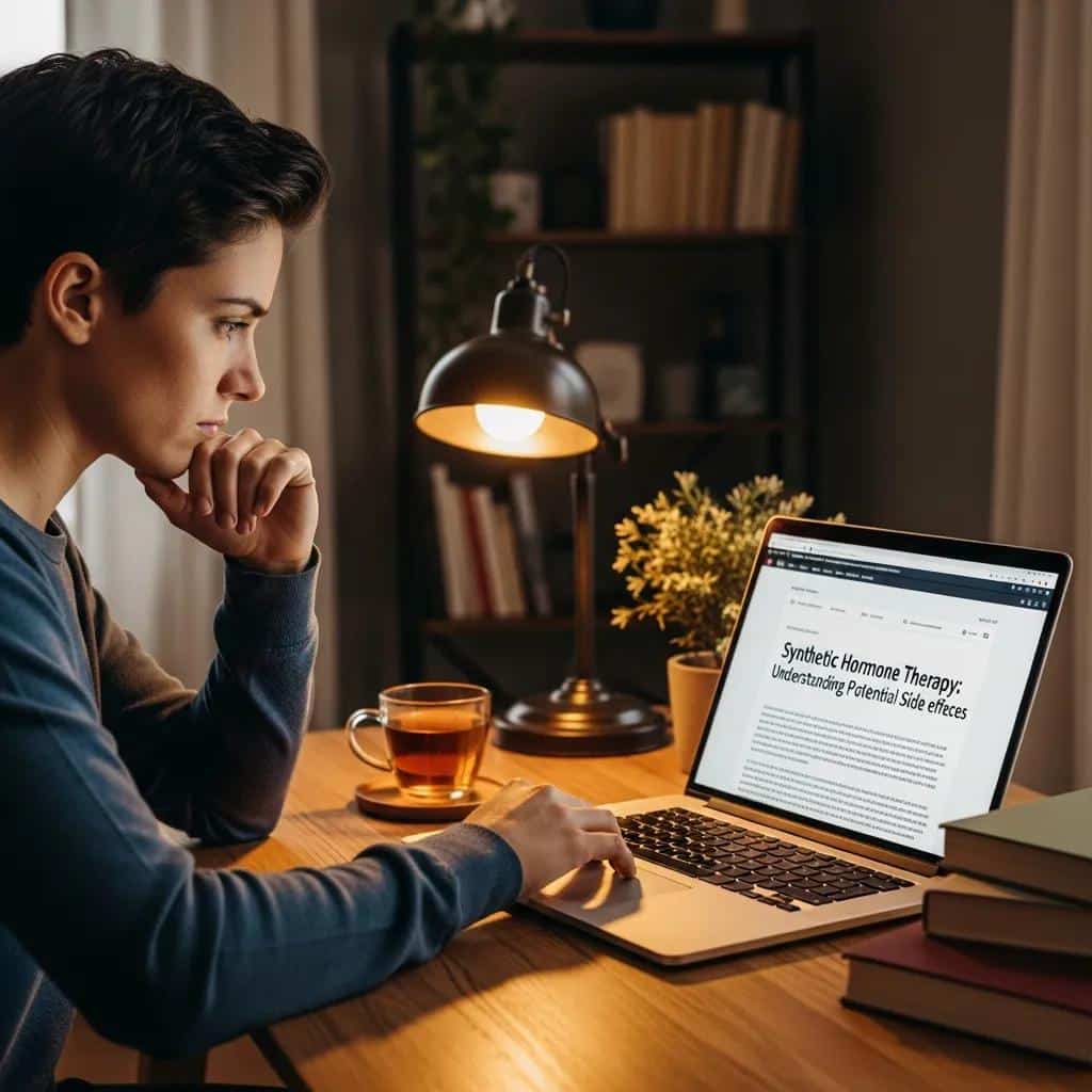 Person researching synthetic hormone therapy side effects on a laptop in a home office setting, with a cup of tea and a desk lamp illuminating the workspace.