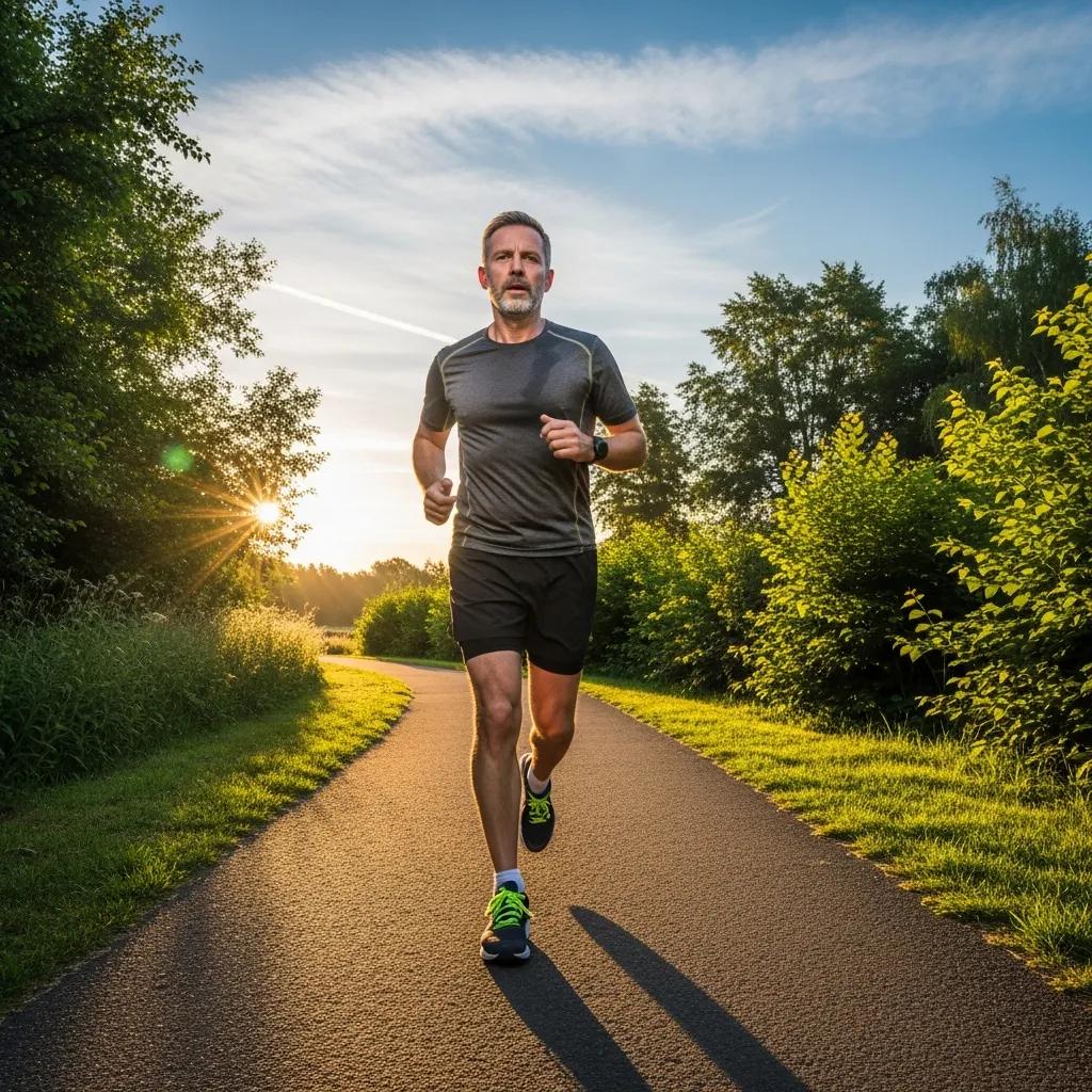 Man jogging outdoors in the morning sunlight, symbolizing the impact of low testosterone on energy and motivation, with a lush green landscape in the background.