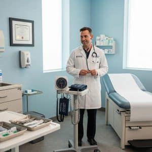 Medical examination room prepared for DOT physical exams, featuring essential medical equipment and a healthcare professional in a white coat.