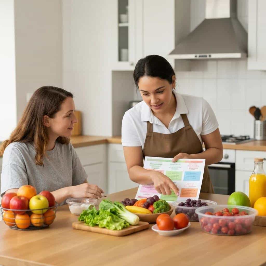 Nutrition coach and client discussing a personalized diet plan in a warm kitchen setting with fresh ingredients