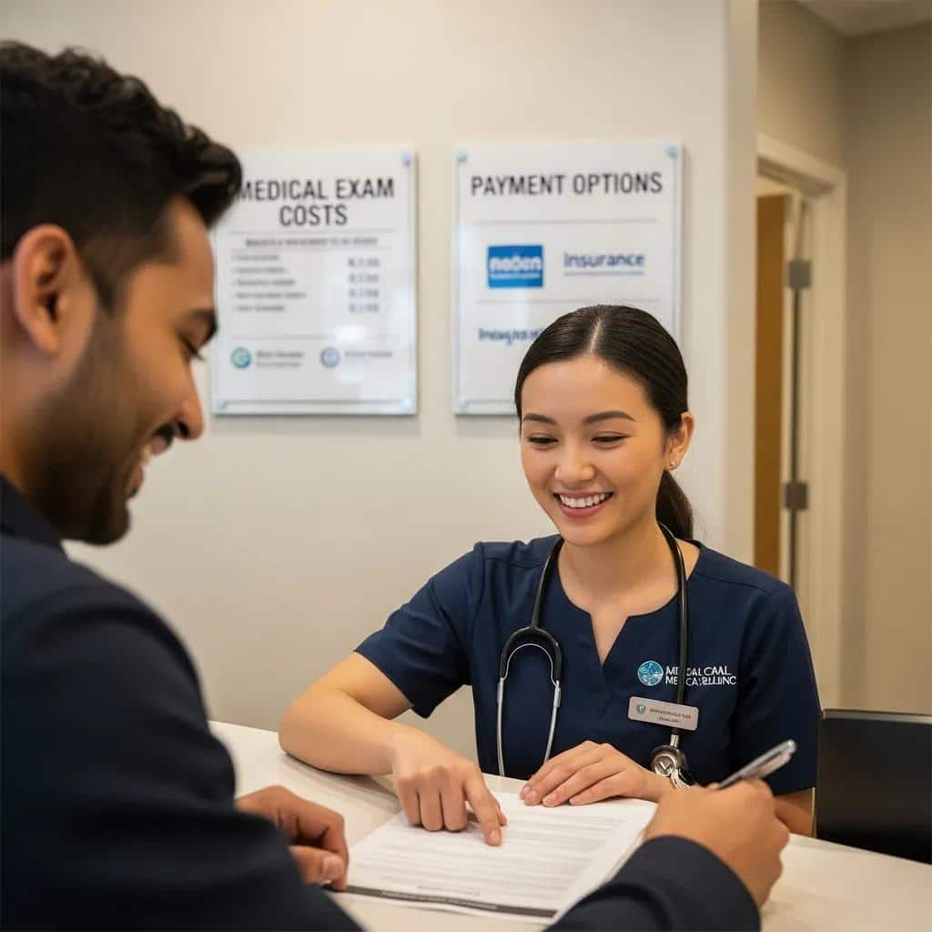 Patient receiving assistance from a smiling receptionist at UCO Medical Clinic, discussing medical exam costs and payment options for the I-693 green card exam.
