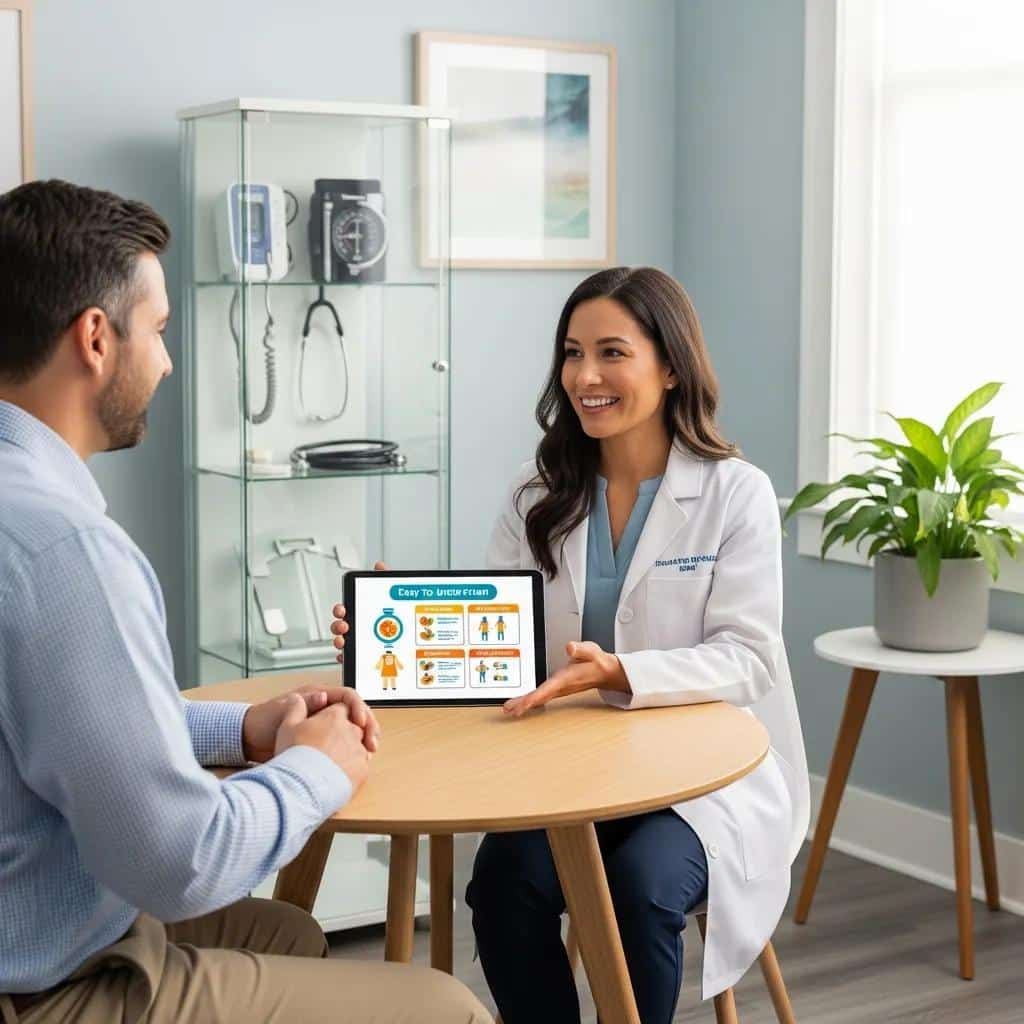 Patient consulting with a healthcare professional in a medical clinic, discussing personalized weight loss treatment options, with a tablet displaying educational content on GLP-1 medications.