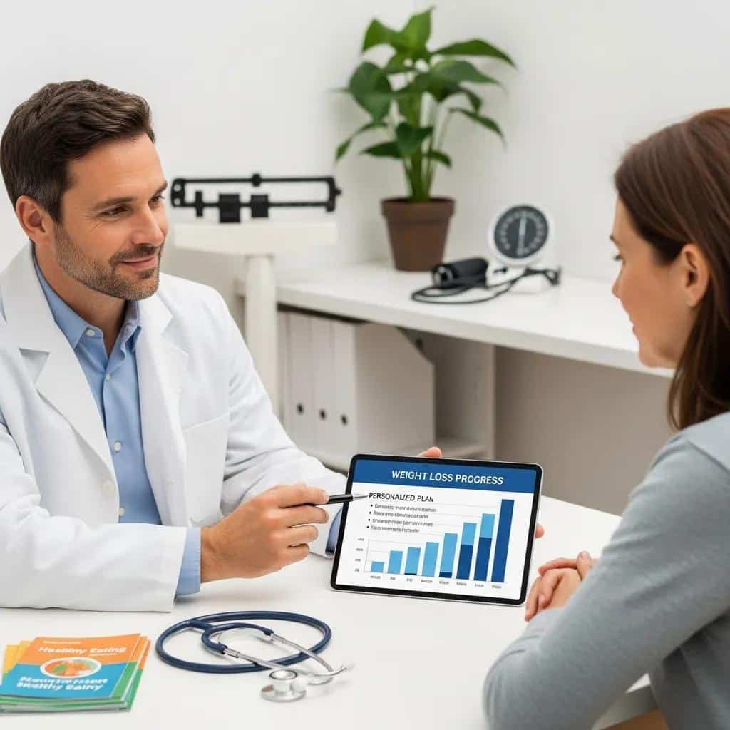 Physician consulting with a patient, discussing personalized weight loss strategies, showing weight loss progress chart on tablet, medical setting with stethoscope and health equipment.