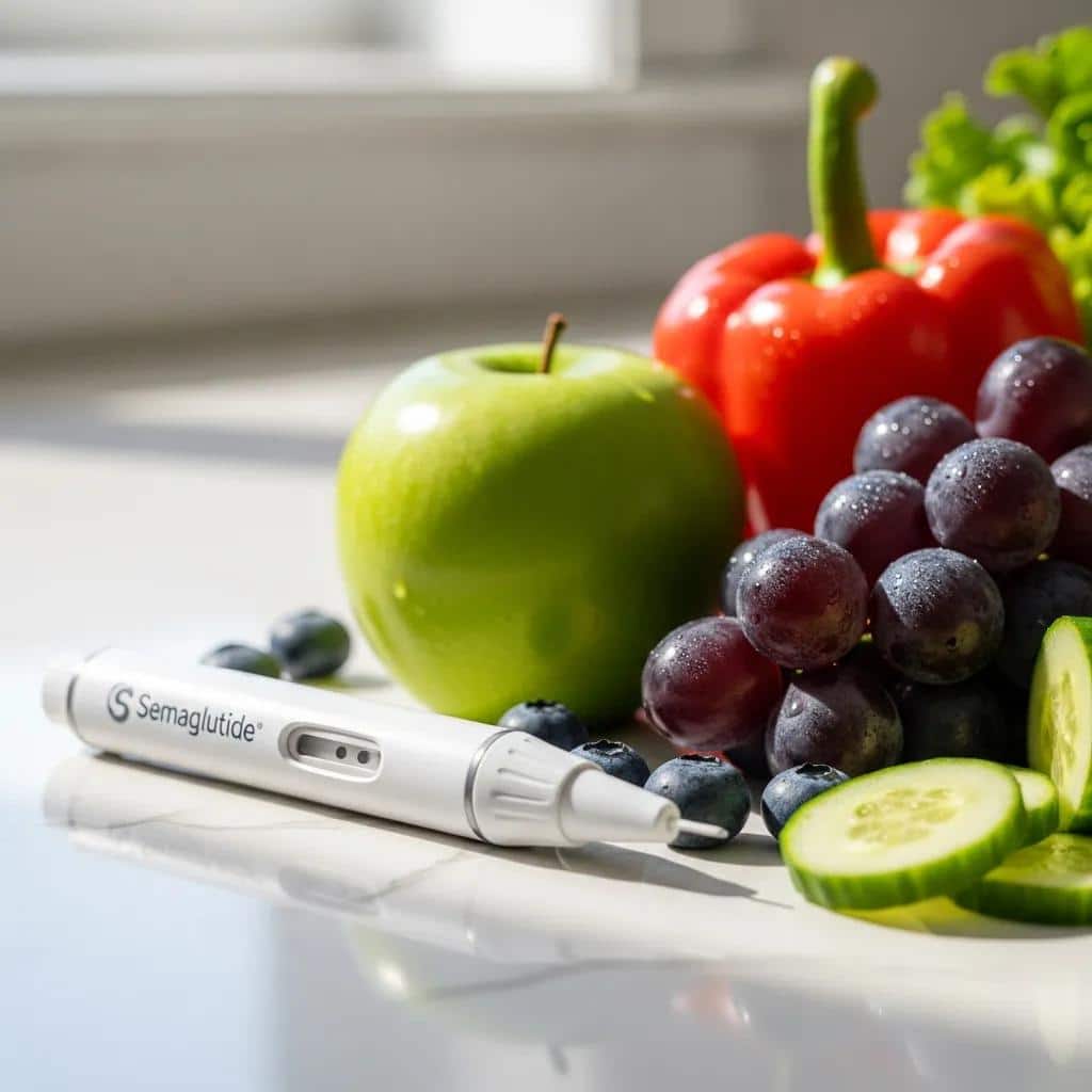 Semaglutide injection pen alongside fresh fruits and vegetables including a green apple, red bell pepper, grapes, blueberries, and cucumber slices, symbolizing healthy weight management and dietary support.