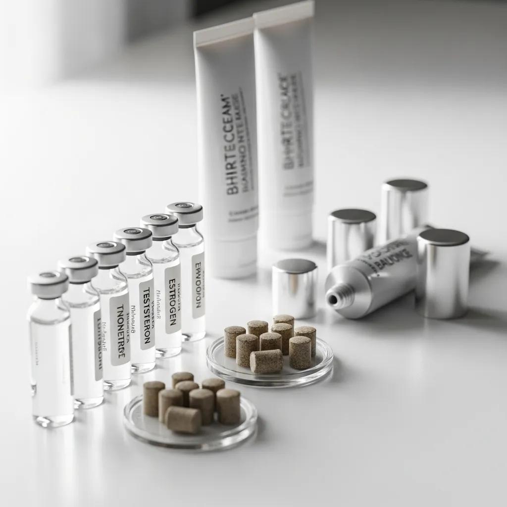 Various bioidentical hormone replacement therapy delivery methods including vials of estrogen, testosterone, and TinoTest, alongside cream tubes labeled BHRT Cream, and hormone pellets on plates, representing treatment options for low testosterone at UCO Medical Clinic.
