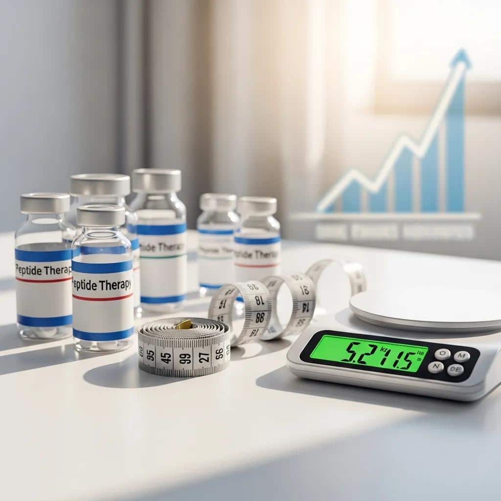 Vials labeled "Peptide Therapy" alongside a measuring tape and digital scale, symbolizing weight management and peptide therapies for weight loss.