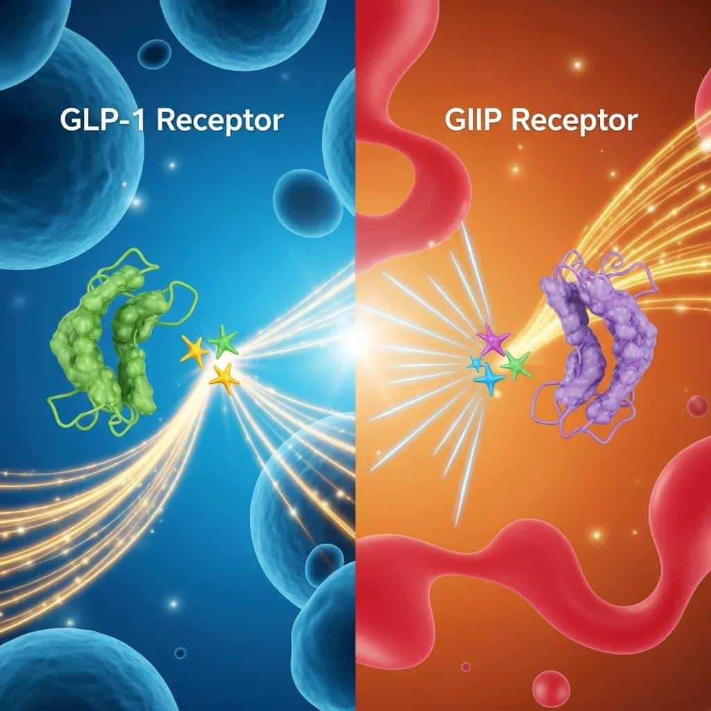 Visual representation of GLP-1 and GIP receptors illustrating Tirzepatide's dual-action mechanism for weight loss and glucose metabolism.
