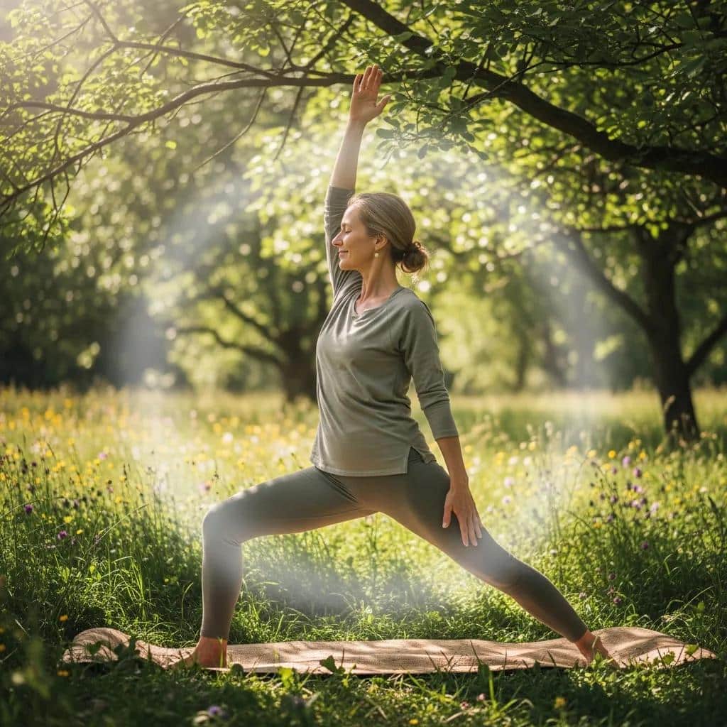Woman practicing yoga outdoors in a serene setting, emphasizing wellness and stress management during menopause.