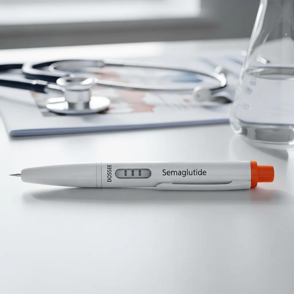 Semaglutide injection pen on a clinical desk, representing prescription weight loss therapy