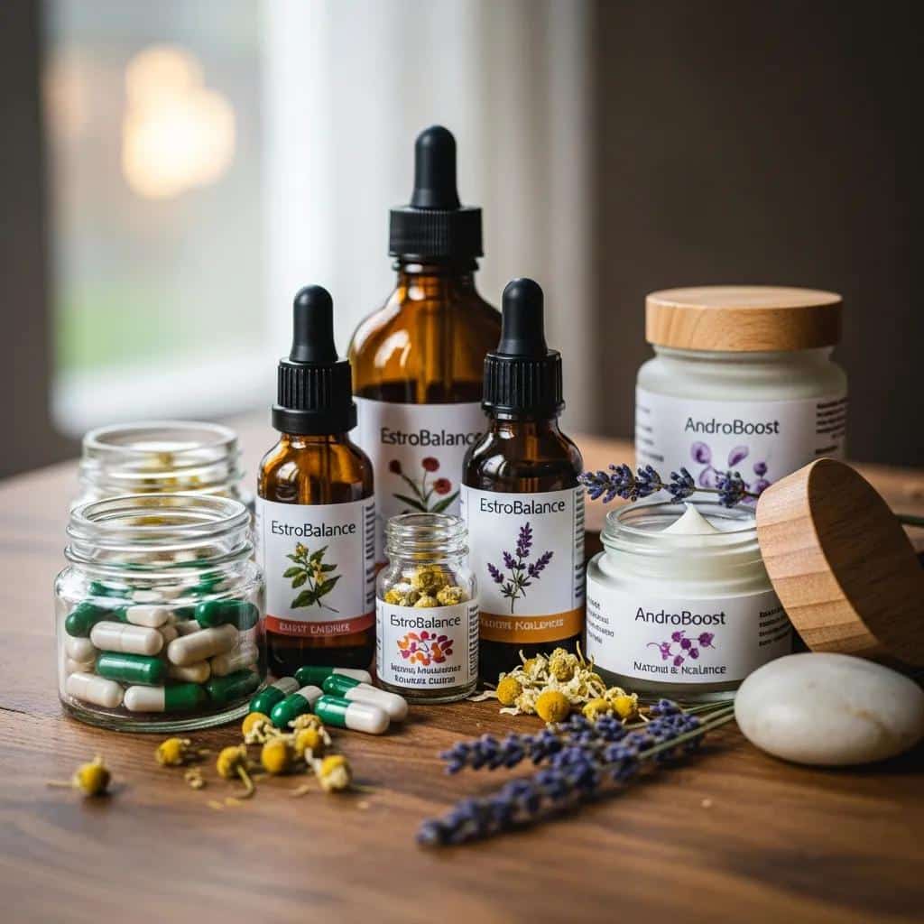 Glass bottles of hormone preparations on a wooden table, illustrating bioidentical hormone therapy options