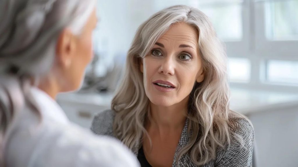 Create a 16:9 hero image for a blog article about hormone health and bioidentical hormone replacement therapy.  Show an overweight middle‑aged woman looking thoughtful or discussing health with a clinician, conveying concern but optimism.  Clean healthcare editorial style, calming colors, natural lighting, website hero banner with space for headline text.