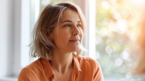 Create a 16:9 hero image for a blog article about hormone health and bioidentical hormone replacement therapy.  Show an overweight middle‑aged woman looking thoughtful or discussing health with a clinician, conveying concern but optimism.  Clean healthcare editorial style, calming colors, natural lighting, website hero banner with space for headline text.