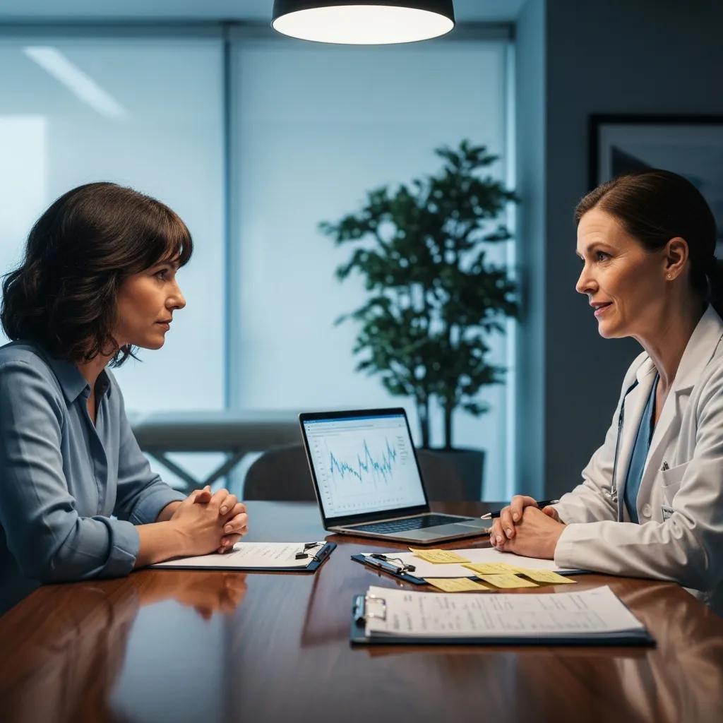 Consultation between a woman and healthcare professional discussing BHRT risks