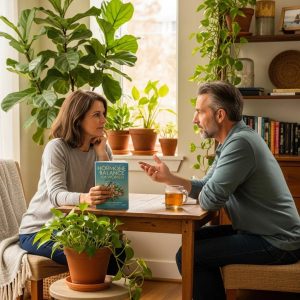 Couple discussing hormone therapy options in a serene, natural setting