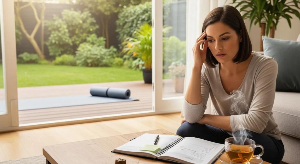 Individual reflecting on symptoms of hormonal imbalance with healthy lifestyle elements