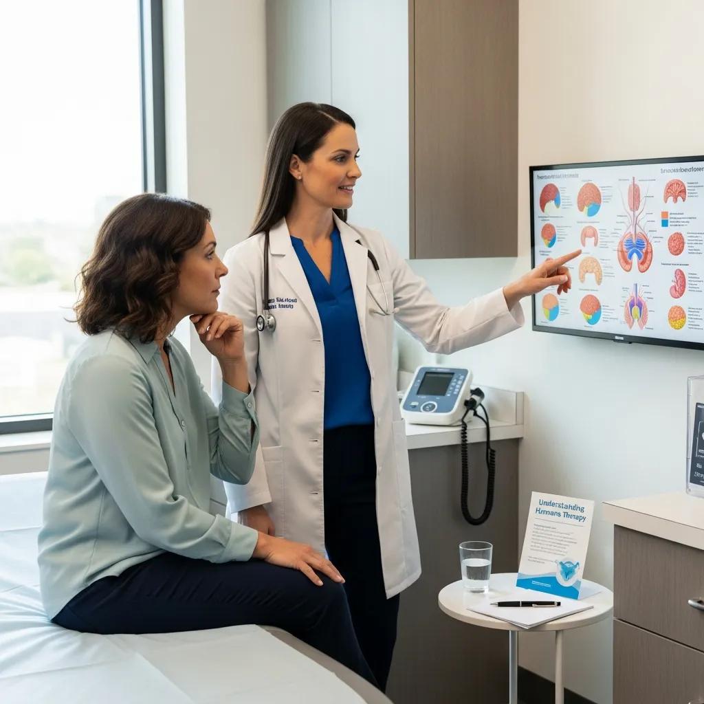Healthcare provider discussing traditional hormone therapy with a patient in a clinical setting