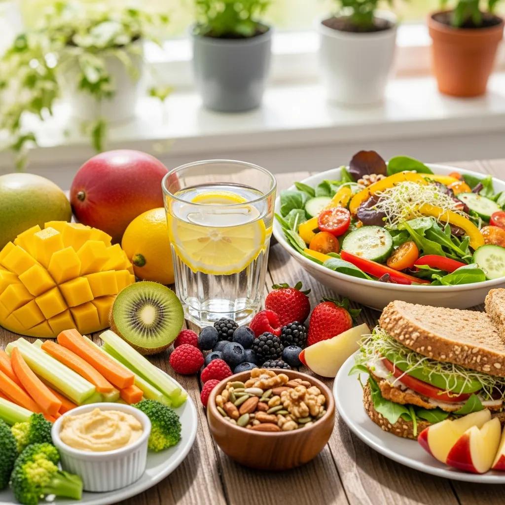 A balanced plate with fruits, vegetables, and nuts, representing foods that support brain and hormone health