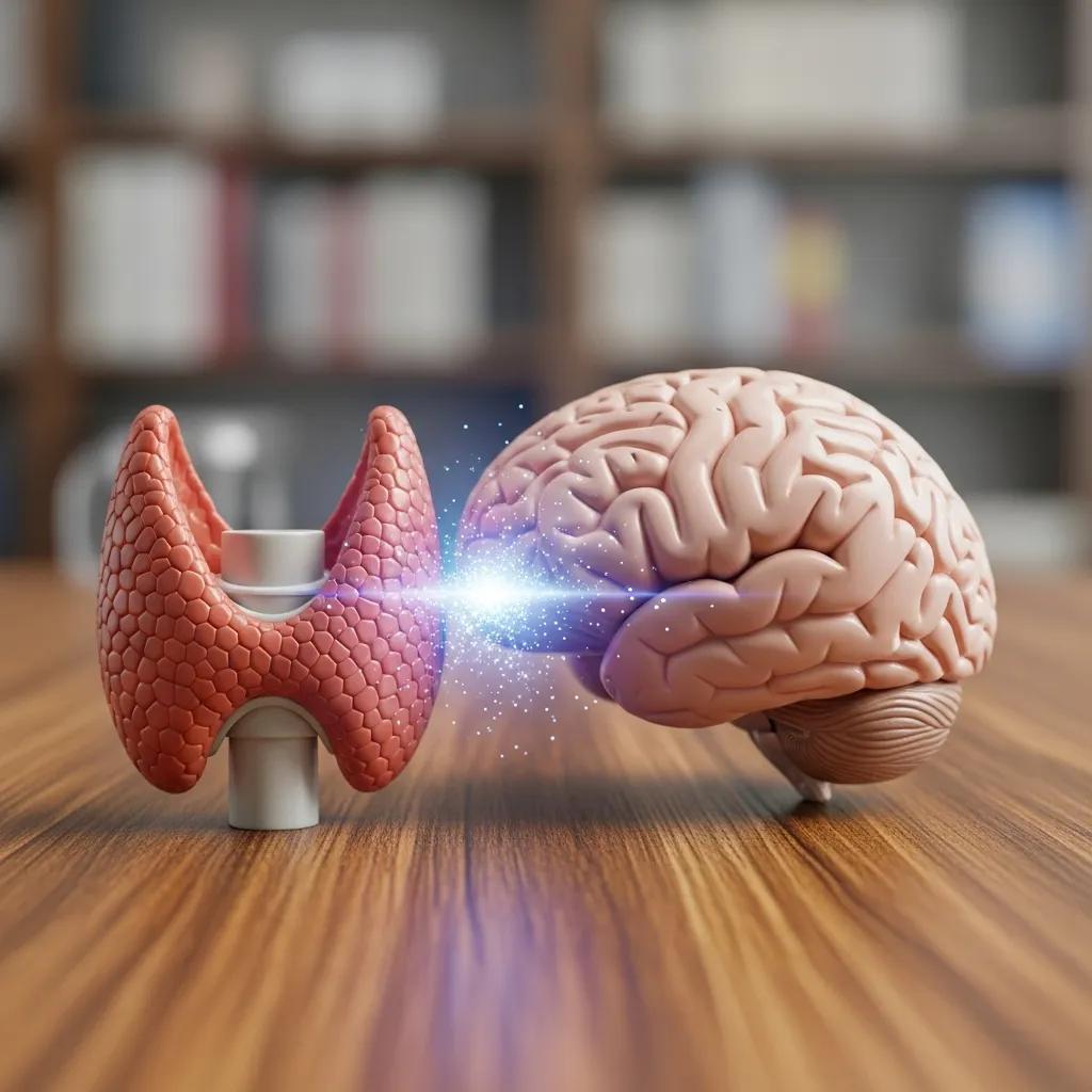 A model of the thyroid gland beside a brain model, illustrating the thyroid’s effect on cognition