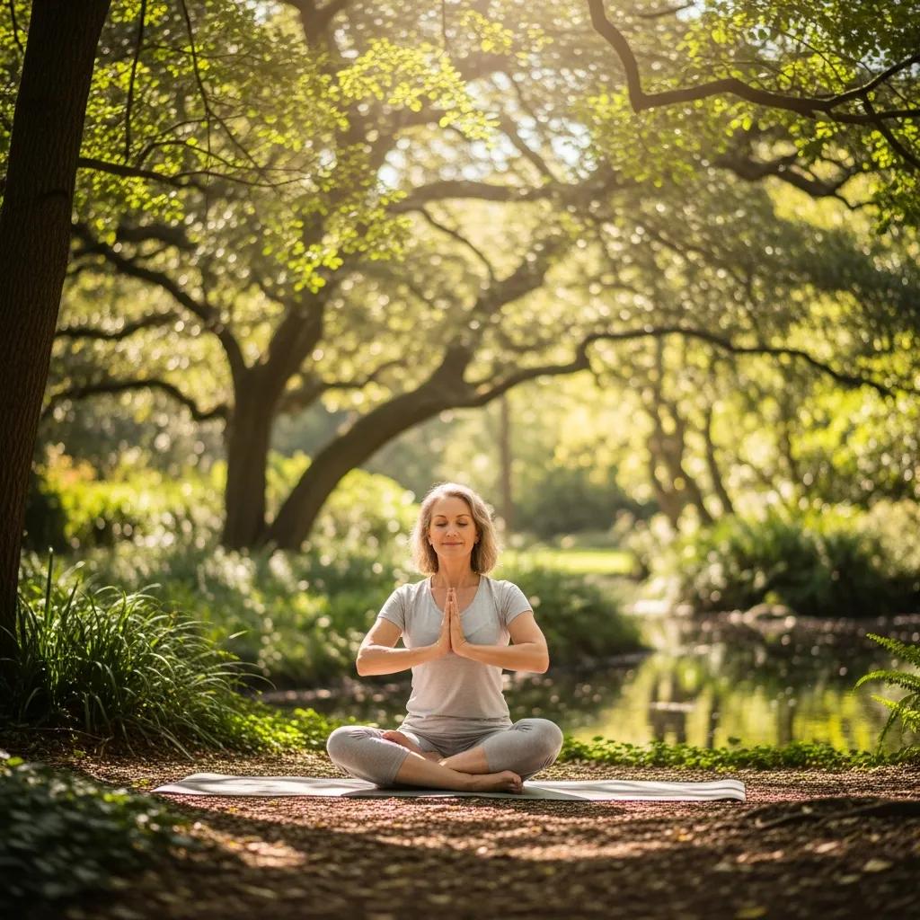Woman practicing yoga outdoors to manage menopause symptoms